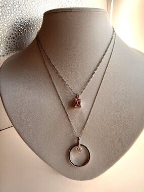 Delicate and Minimalist Geometric Pink and Crystal Accents Layered Necklaces
